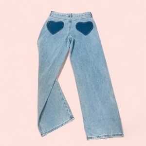 Y2K Coquette Lolita Kawaii Girl Heart Pocket High Rise Wide Leg Blue Jeans 3 NEW